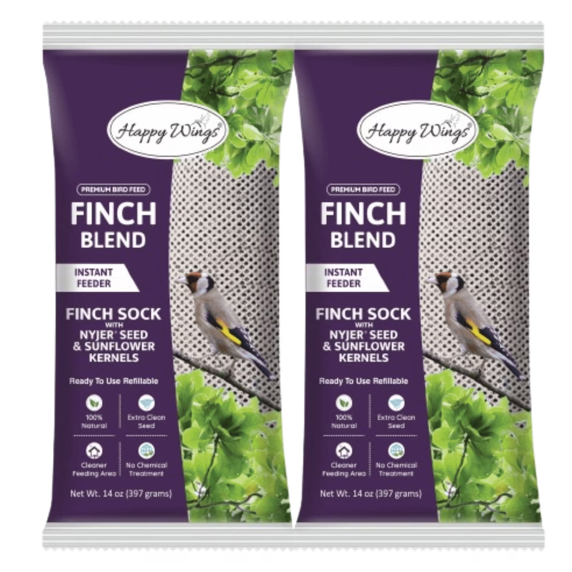 Happy Wings Finch Blend Bird Food 14Oz (Pack of 2) - Mix of Sunflower Hearts / Kernels and Nyjer Seed Wild Bird Food - Prefilled Sock - No Grow Seed - Bird Seeds for Wild Birds