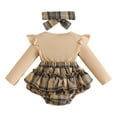 thumbnail image 4 of CAICJ98 Newborn Baby Girl Fall Winter Outfits Plaid Romper Suspender Dress Ruffles Long Sleeve Clothes Bodysuit Jumpsuit with Bow Headband (Brown,9-12 Months), 4 of 7