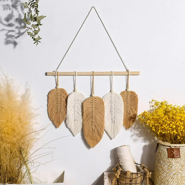 Abbracc 1PCs Bohemia Wall Hanging Macrame Hanging Feather Leaf Tapestry Wall Decor Woven Handmade Wall Decor Beige and Yellow Walmart
