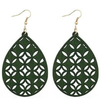 Women Lightweight Bohemian Wooden Teardrop Cut-Out Dangle Earrings (Green)