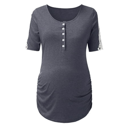 

Casual Pregnant Women Clothes Womens Button Laee Patchwork Maternity Nursing Tops Breastfeeding Tank Top Shirt Double Layer Soft Short Sleeve Pregnancy Clothes