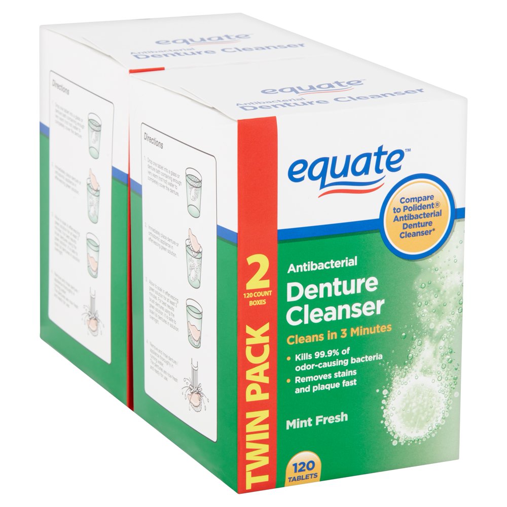 Equate Mint Fresh Antibacterial Denture Cleanser Tablets Twin Pack, 120