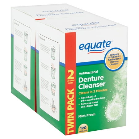 (2 pack) Equate Mint Fresh Antibacterial Denture Cleanser Tablets Twin Pack, 120 count, 2