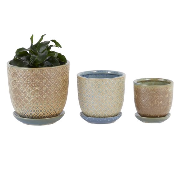 DecMode 8", 6", 5"H Indoor Outdoor Beige Ceramic Planter with Attached Saucer (3 Count)