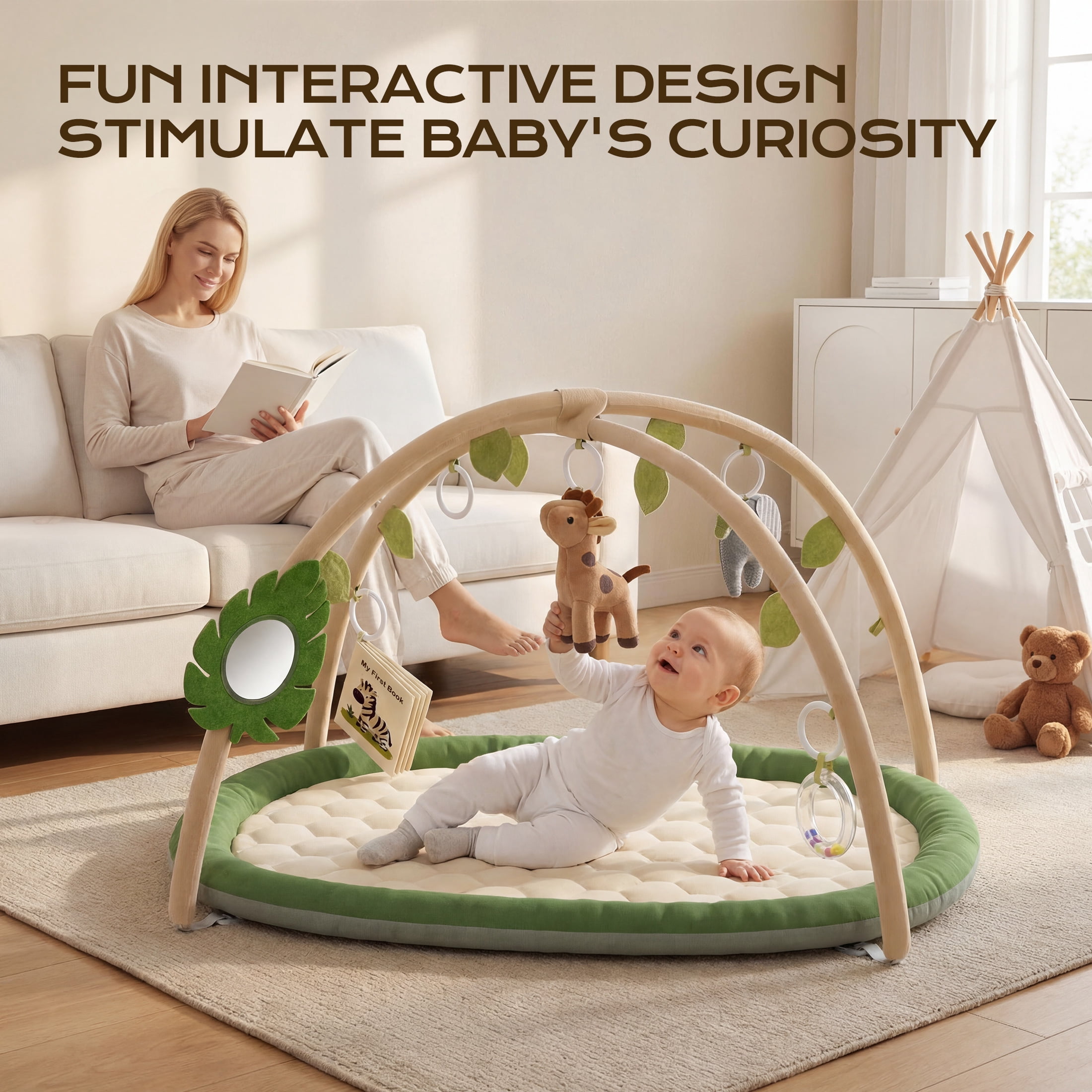 Babyomi Thickened Baby Play Gym and Activity Mat, Washable Tummy Time Mat with Detachable Sensory Toys & Cards Promote Motor Skills, Non Slip Mat for Infant Gift,Green