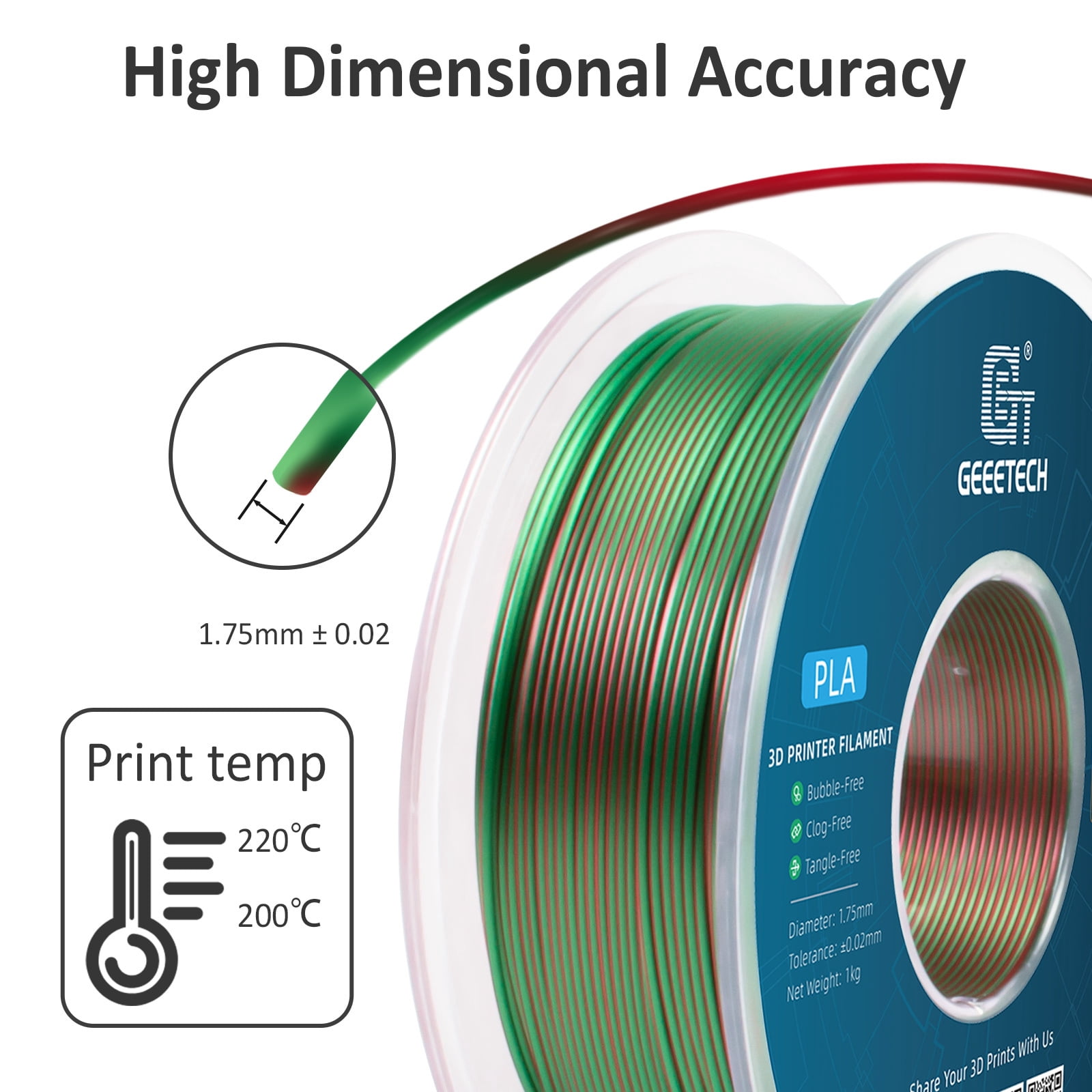 Geeetech Anti-silk type 3D Printer PLA Filament 1KG Toughness Enhanced Filament with 1.75mm Dimensional Accuracy +/-0.03mm, 1080 Feet per Roll, Vacuum Packaging Two-color green and red
