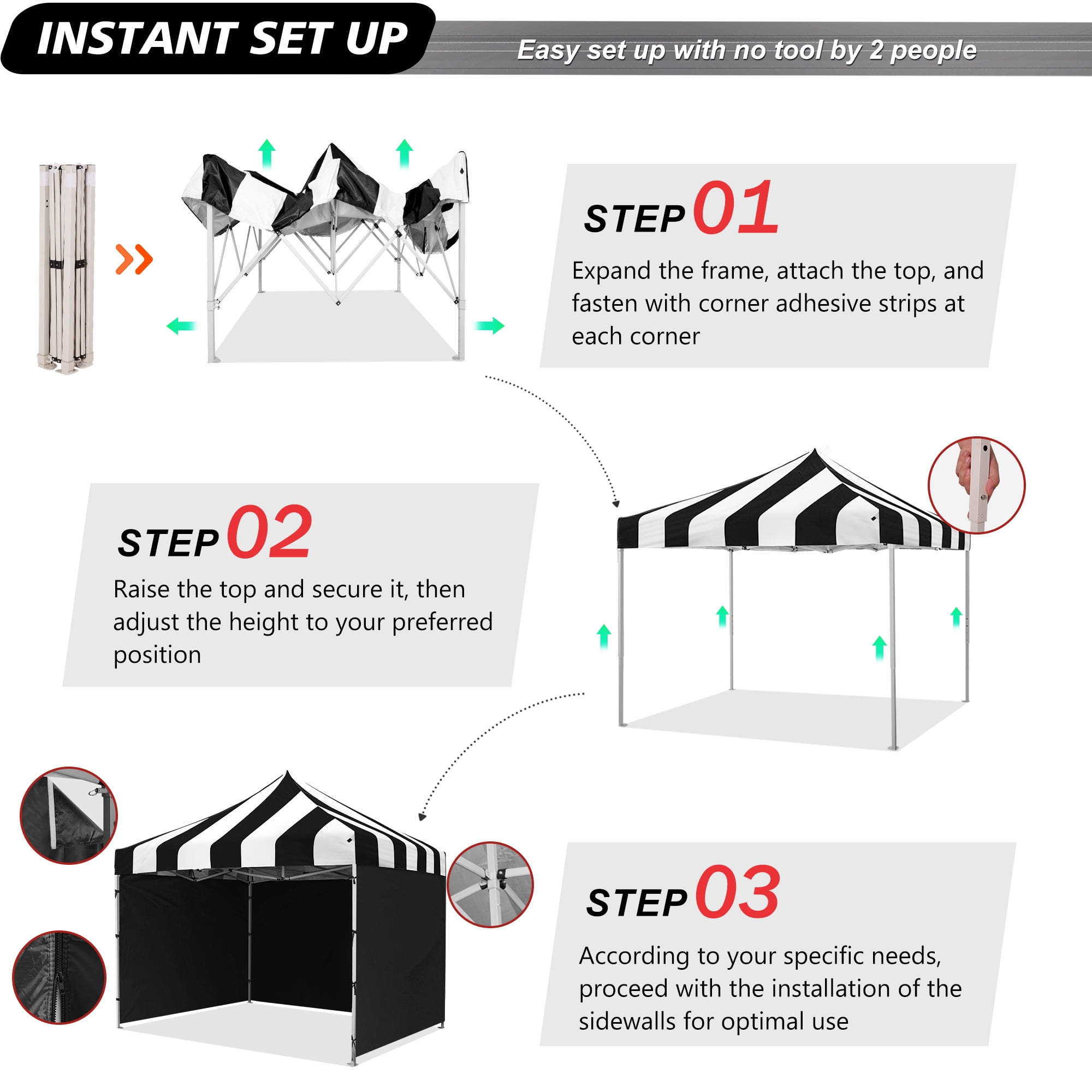 VentuLodge 10x10 Pop up Canopy Tent with Sidewalls, Commercial Grade Heavy Duty Canopy with Striped Top, Black