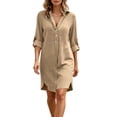 thumbnail image 6 of Plus Size Dresses Women's Linen Shirt Dress 3/4 Roll-Up Sleeve Button Down Casual Loose Tunic Dress for Summer Beach Khaki S, 6 of 9