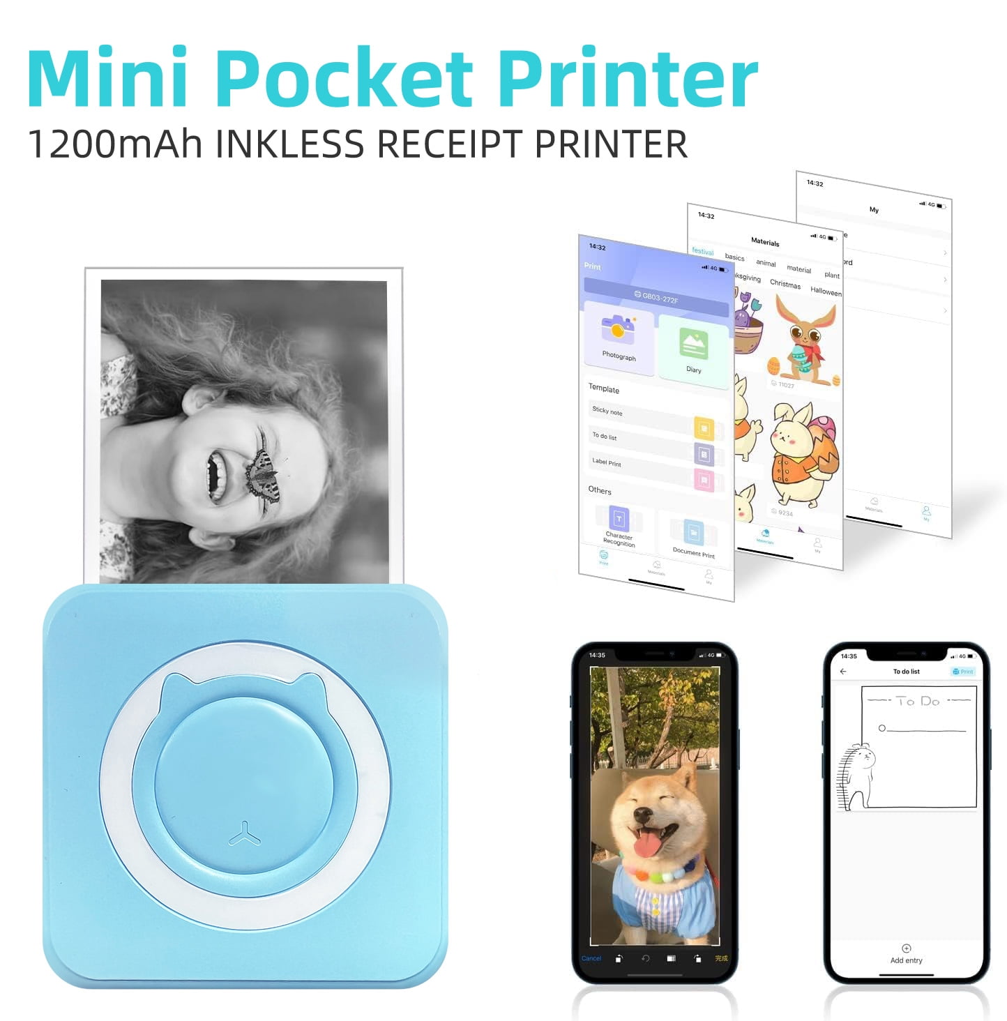Pocket Thermal Printer,Bluetooth Portable Mini Printer for Photo/Label/Text Printing, OCR Scanner, Study Buddy & Kids Gift / DIY Stickers（Black）