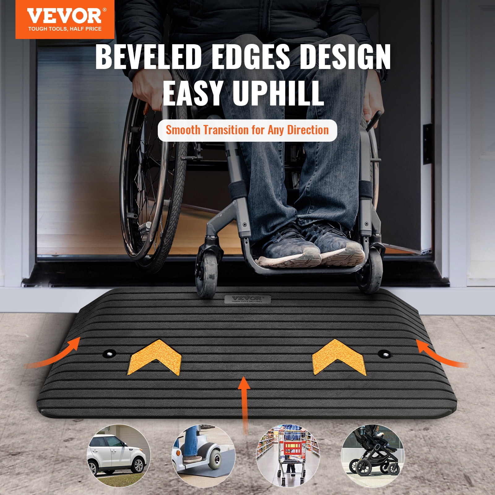 VEVOR Upgraded Rubber Threshold Ramp, 3" Rise Door Ramp with 1 Channel, Natural Rubber Car Ramp with Non-Slip Textured Surface, 33069 lbs Load Capacity Curb Ramp for Wheelchair and Scooter