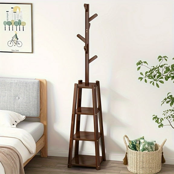 Heavy-Duty Wood Freestanding Coat Rack with 6 Hooks & Storage Shelf - Portable Multi-Functional Organizer for Bedroom, Hallway, Entrance, Storage for Bedroom