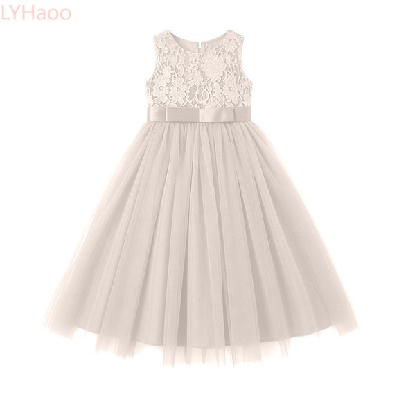 LYHaoo Elegant Long Sleeveless Dress For Girls Lace Formal Gown With Puffy Skirt Perfect For And Parties,Casual Floral Dresses Sizes 3-4 Years Beige