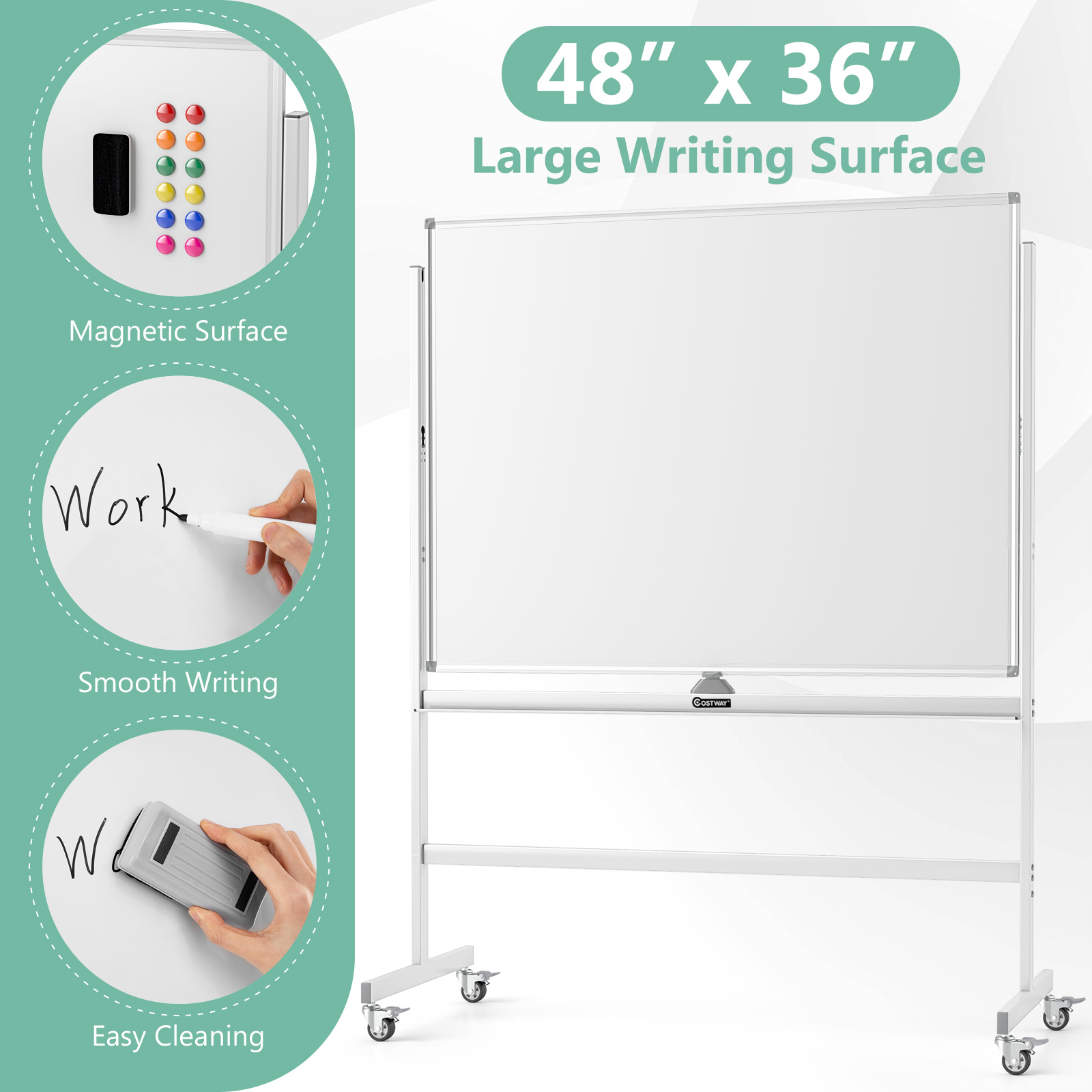 Topbuy Rolling Whiteboard with Stand 48" x 36" Double-Sided Magnetic Dry Erase Board with Flipchart