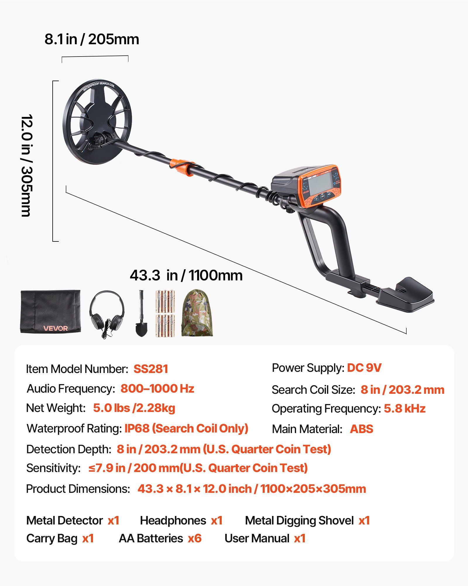 Metal Detector for Adults, 8", Professional High Accuracy Gold Detector, IP68 Waterproof Search Coil with Display, Headphones, 3 Modes, Adjustable Length, for Detecting Gold Treasure Hunting