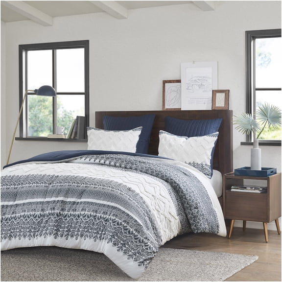 JERFIT Navy Farmhouse Comforter Set, 3-Piece Queen/Full Bedding with Botanical Print & Chenille Tufted Design, 100% Cotton