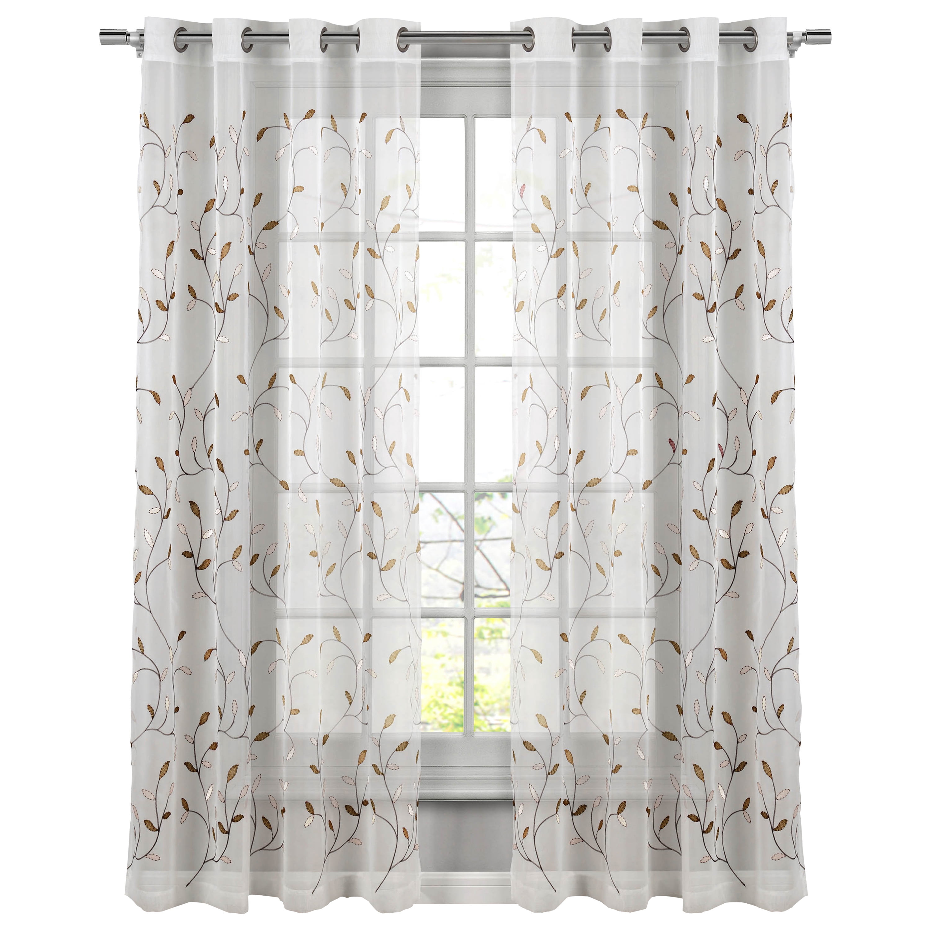 Grommet Curtain Panel, Embroidered Sheer Extra-Wide, Beige 54" x 96"