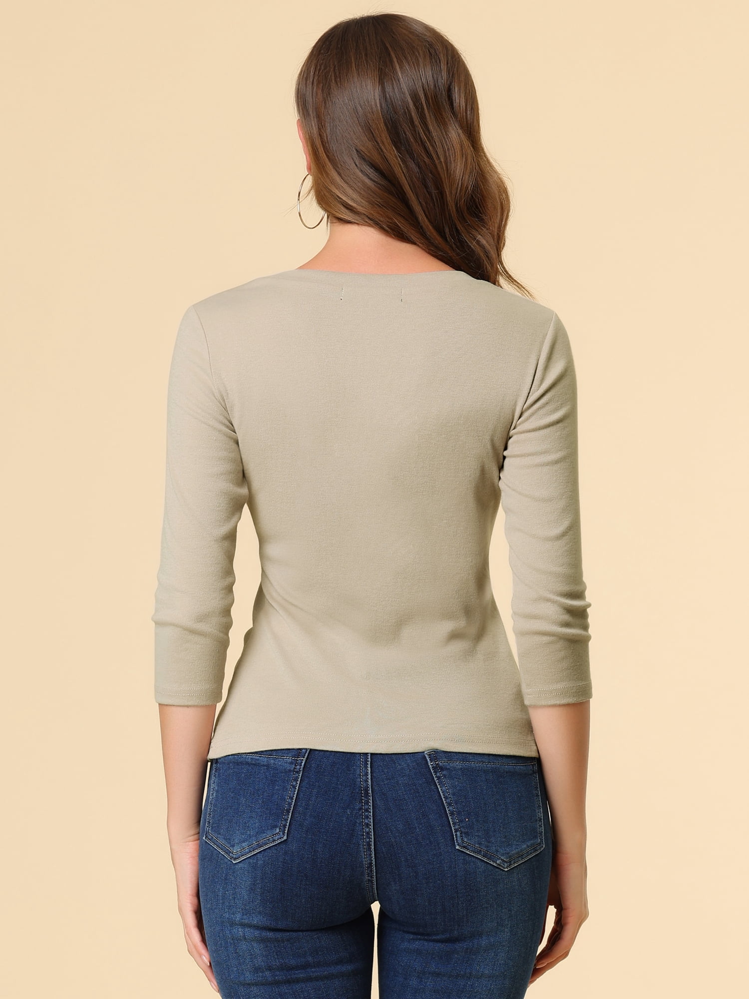DARING DIVA V Neck Knitted Buttons Decor Ruched Blouse Top XS Light Khaki