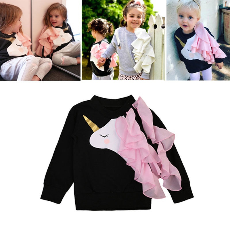 Cute Infant Baby Girls Unicorn Ruffle Tops Sweatshirts Long Sleeve Clothes 0-24M - image 3 of 5