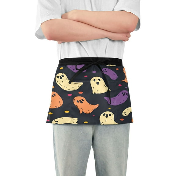 Yayeee Waist Apron with Pockets for Cooking Waterproof Half Server Aprons, Purple Halloween Ghosts