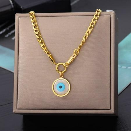 

QWZNDZGR 316L Stainless Steel Devil s Eye Green Stone Crystal Blue eyes Multilayer Pendant Chain Necklace For Women Jewelry Dropshipping