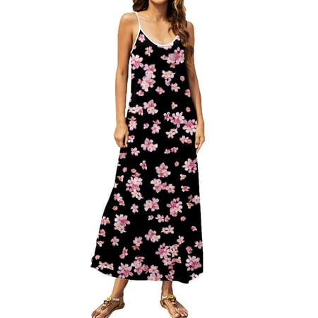

KmaiSchai Black Dress For Wedding Guest Women Printed Round Neck Maxi Dresses Summer Spaghetti Strap Dress Sundress Beach Dress Maternity Dresses Women Women Dresses Casual