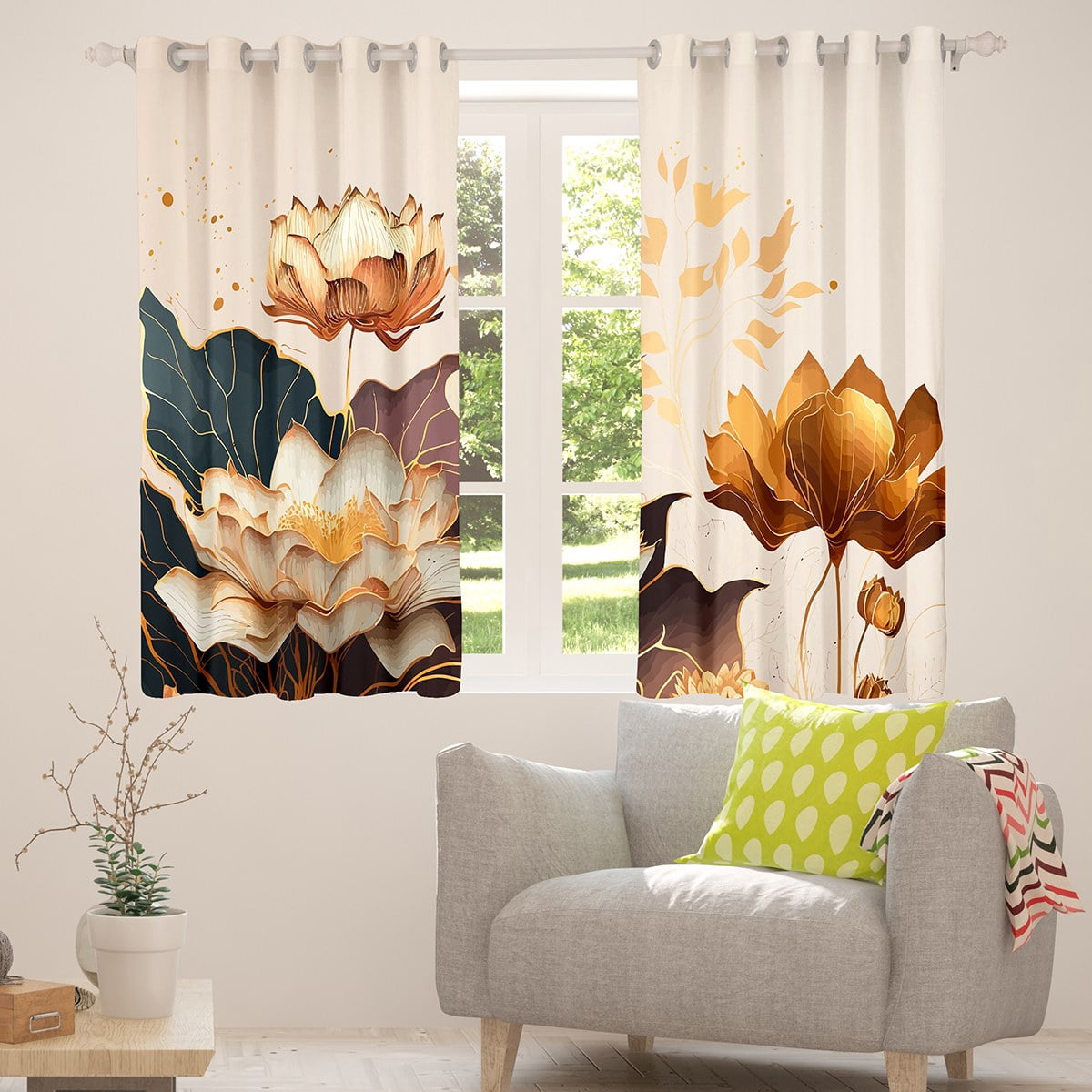 White Beige Gold Floral Blackout Curtains Chic Lotus Curtains, Gradient Leaves Curtains & Drapes Modern Artwork Living Room Curtains, Botanical Theme Window Curtains Aesthetic Art Bedroom Decor