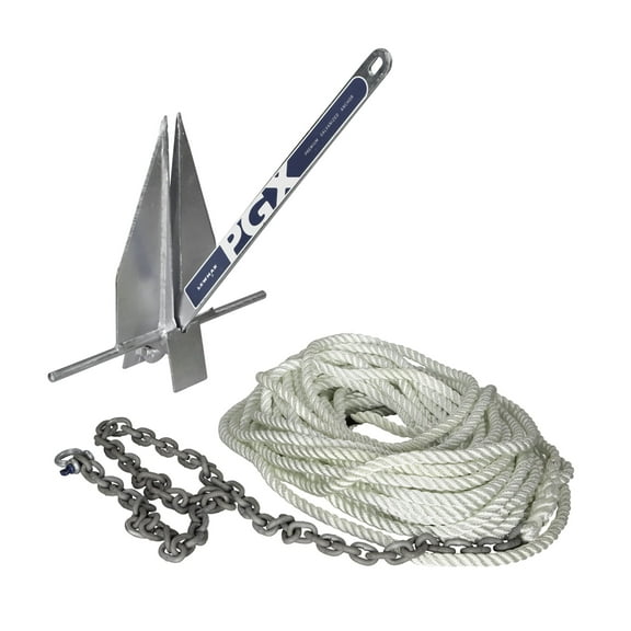 Lewmar PGX Galvanized Fluke Anchor Kit 5 lbs., for Boats up to 24', Includes Anchor, 5' of 1/4" G4 Chain, 100' of 3/8" 3-Strand rode - 2020222276