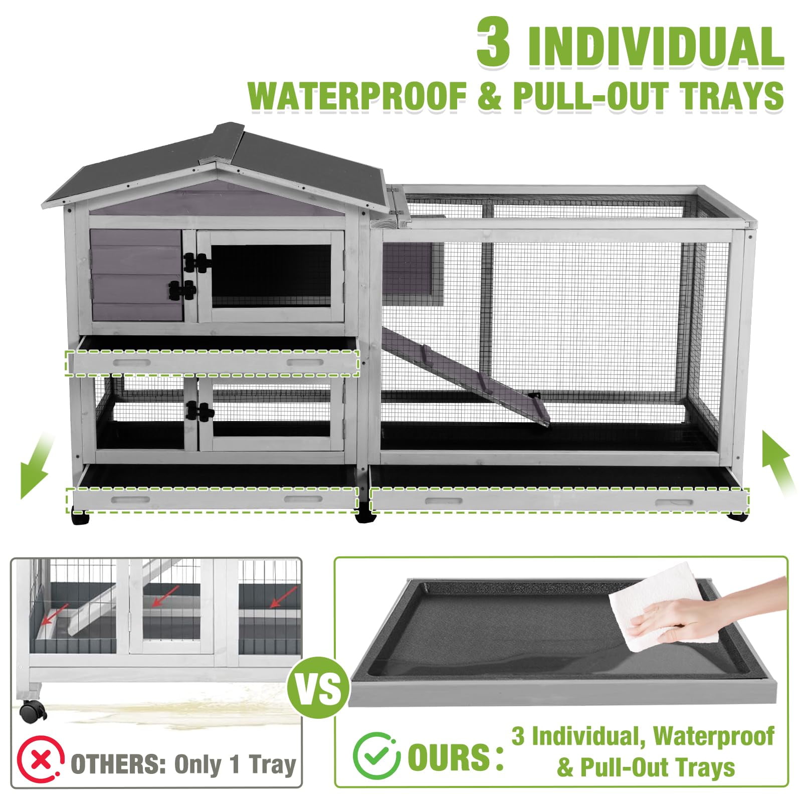 Rabbit Hutch 62" Mobile Bunny Cage Outdoor Indoor on Wheels with 3 Tray