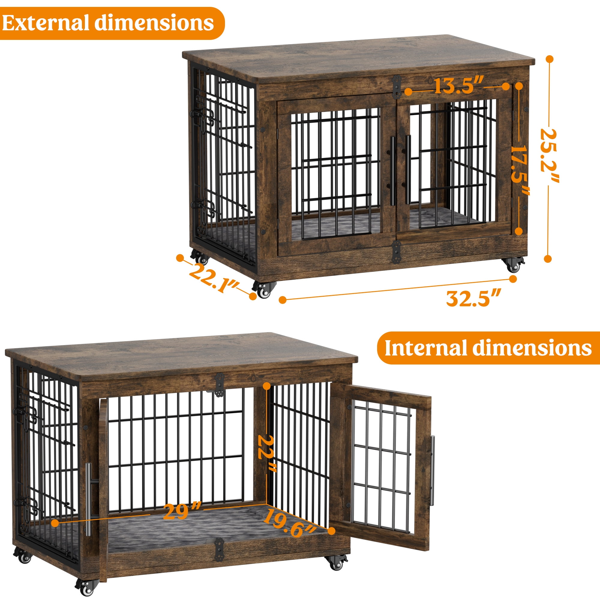 GIKPAL 32-Inch Dog Crate Furniture with Padded, 2-Door Wooden Wheels, Indoor Dogs Kennel for Small to Medium