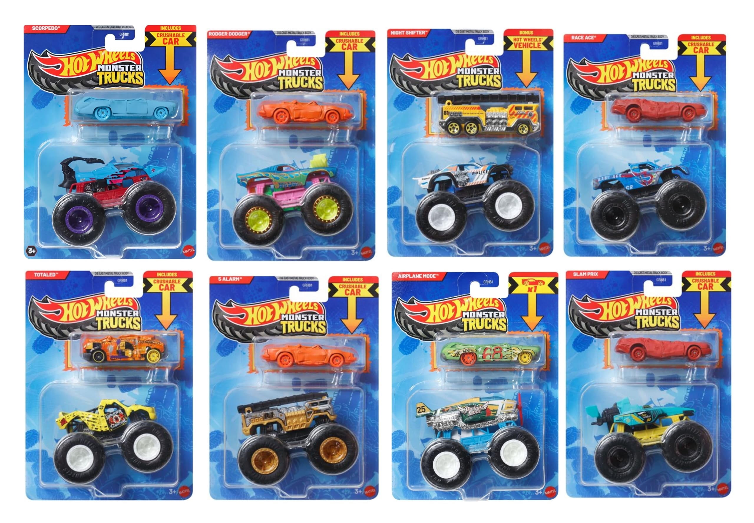4 pack)Hot Wheels Set of 8 Basic Toy Cars & Trucks in 1:64 Scale