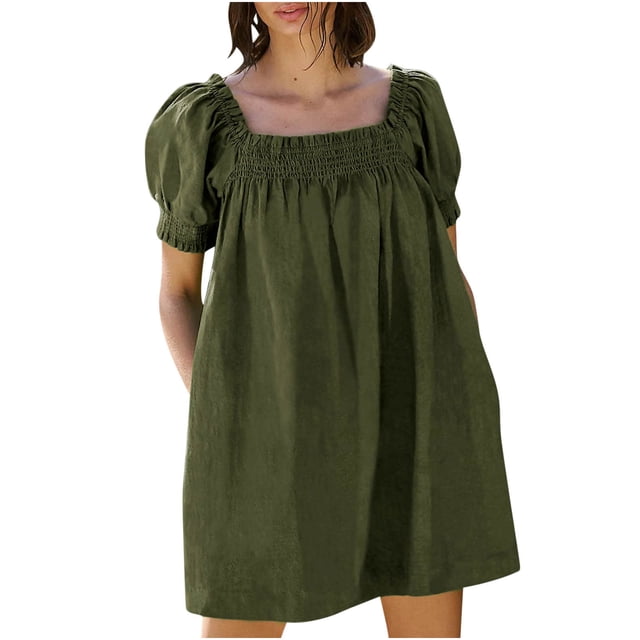 Staron Robes pour Femmes 2025 Décontractées d'Été Courtes à Manches Bouffantes Robes Smockées Courtes Mini Robe d'Été Encolure Carrée Poches Coupe Évasée Fluide Robe Décontractée