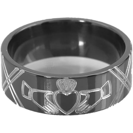 8mm Flat Black Zirconium Ring with a Milled Claddagh Symbol