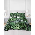thumbnail image 2 of Quilts King Size Bedding Set, Green Tropical Botanical Lightweight Quilted Comforter, Summer Monstera Palm Leaves Black Reversible Bedspread Coverlet with Pillow Covers for All Season, 96" x 106", 2 of 7