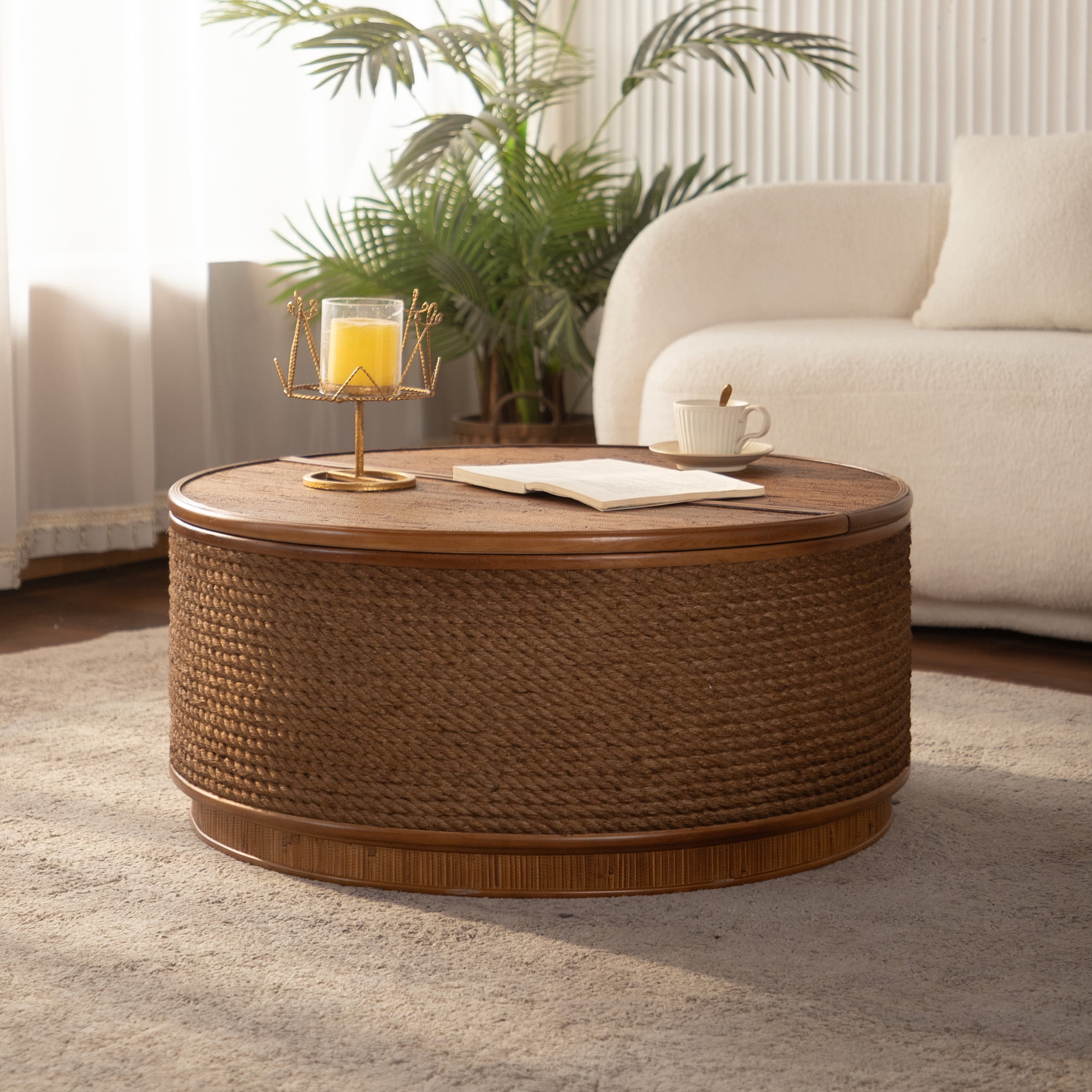 Noble House 31" Round Rattan Storage Coffee Table with Lift-Off Lid and Hand-Woven Rope Trim, Boho-Chic, Natural Wood