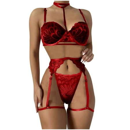 

RYRJJ Women Lingerie Set High Waisted Underwire with Garter Belt Choker Lace Floral Bra and Panty Teddy Babydoll Bodysuit(Red L)