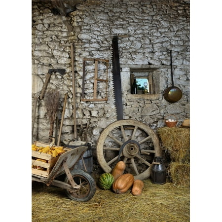 Image of HelloDecor 5x7ft Old Stone House Background Wooden Cars Pumpkin Photography Backdrop for Halloween or Children Photographic Props