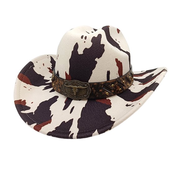 Western Theme Hat with Adjustable Size and Cow Pattern Designs for Outdoor Ridings Special Event Dressingup Headwear