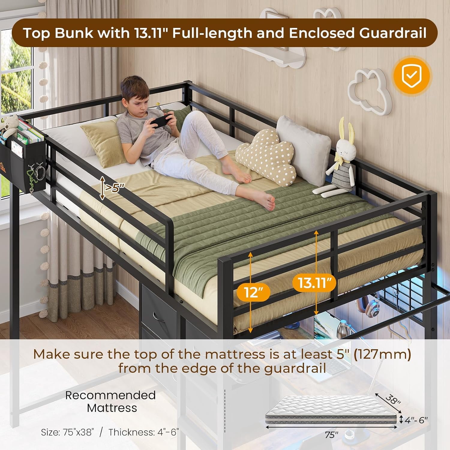 Mabor Loft Bed Twin Size with L-Shaped Desk & Charging Station Twin Metal Loft Bed with LED Lights & 7 Drawers & Clothes Rail for Bedroom, No Box Spring Needed, Black