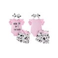 thumbnail image 2 of BemeyourBBs Baby Girl Summer Outfits Letter Boots Cow Print Crew Neck Short Sleeve Romper Shorts and Bow Headband 3 Pcs Set, 2 of 9