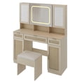 thumbnail image 6 of Tcbosik Vanity Desk with LED Lighted Mirror, Modern Makeup Vanity Table Set with Cushioned Stool and 3 Storage Drawers for Bedroom, Dressing Table with Pegboards & Hooks, Shelves & Cabinets, Natural, 6 of 8