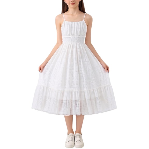 Ruyang Teen Girls Sundress Spaghetti Strap Ruffle A-line Dresses Swing Summer Lightweight Solid Beach Vacation Jumper Dresses