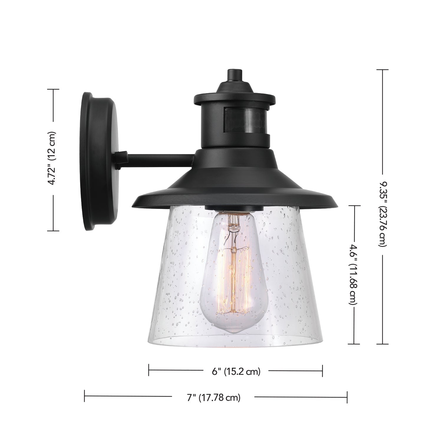 Globe Electric Juno 1-Light Matte Black Motion Sensor Outdoor Wall Sconce with Clear Seeded Glass Shade