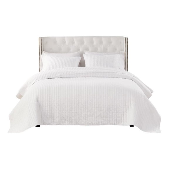 Benjara Xumi 3pc Cal King Quilt and Pillow Sham Set- Channel Style Antique White