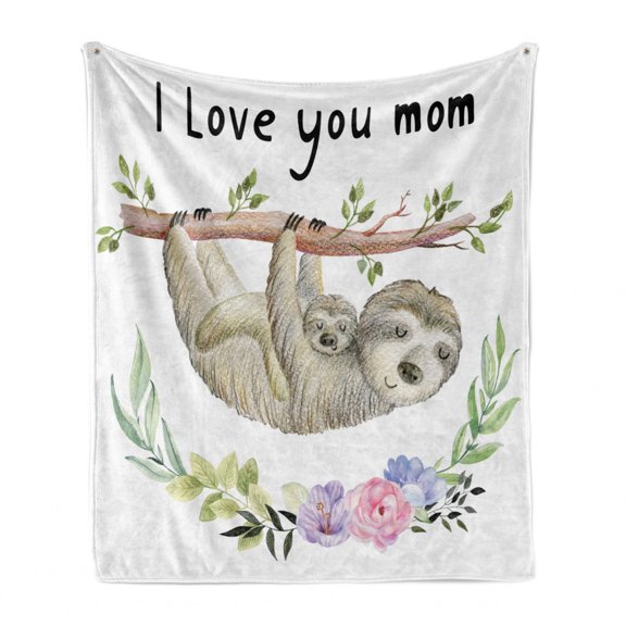 I Love You Mom Soft Flannel Fleece Throw Blanket, Typographic Illustration of a Mom Sloth with Her Baby Hanging on a Branch, Cozy Plush for Indoor and Outdoor Use, 70" x 90", Multicolor, by Ambesonne