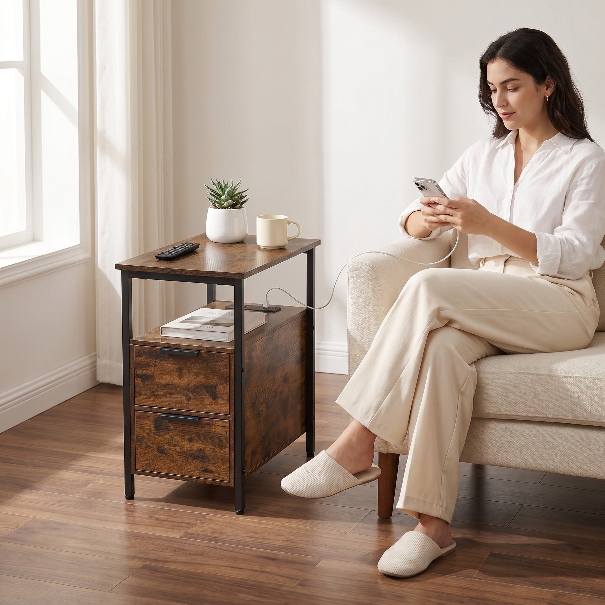 Nordic Hygge Slim Side Table with Charging Station and 2 Storage Drawers, Rustic Brown/Ink Black