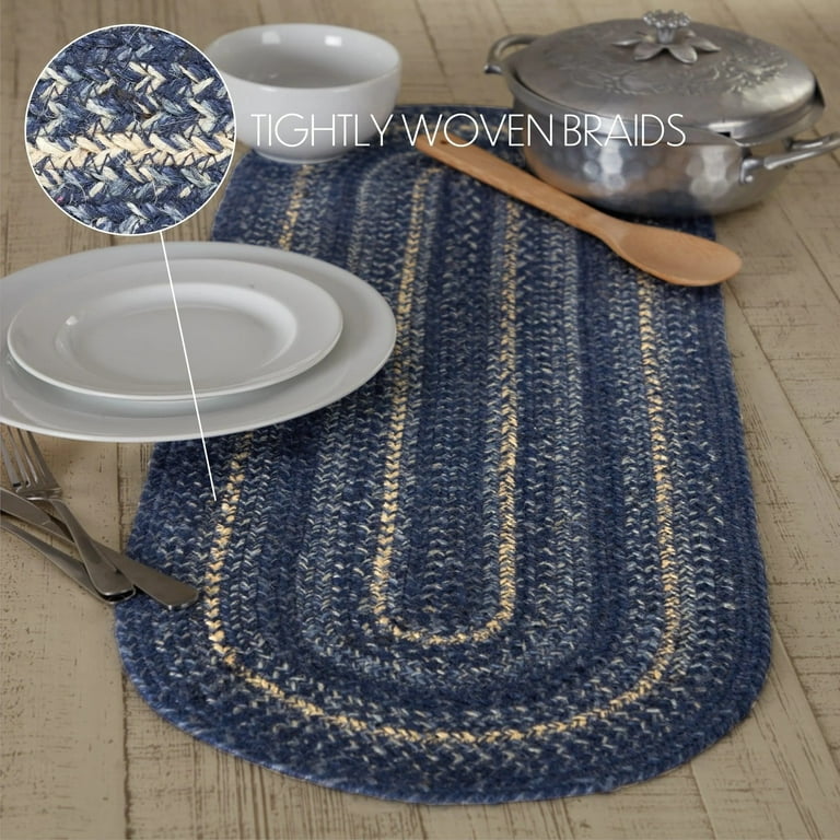 VHC Brands Great Falls, Braided Jute Table Runner, Oval, Blue