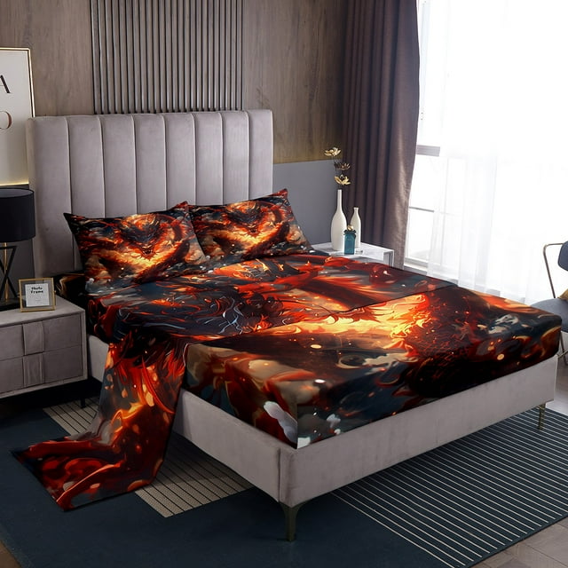 Western Dragon Ensembles de Draps Très Grand Size Draps d'Animaux Magiques, Literie Faune Ancienne Draps Noirs et Rouges, Drap-Housse Imprimé Lune pour Déco de Chambre de Garçon