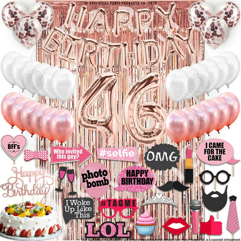46th Birthday Decoration Rose Gold, 46 Party Supplies Decoration, 46th  Sash, 46 Cake Topper, 46th Photo Props, confetti Balloons, Curtain 
