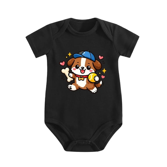 Little Dog Baby Bodysuit, 100% Cotton Short Sleeve Snap Romper, 0-12 Months