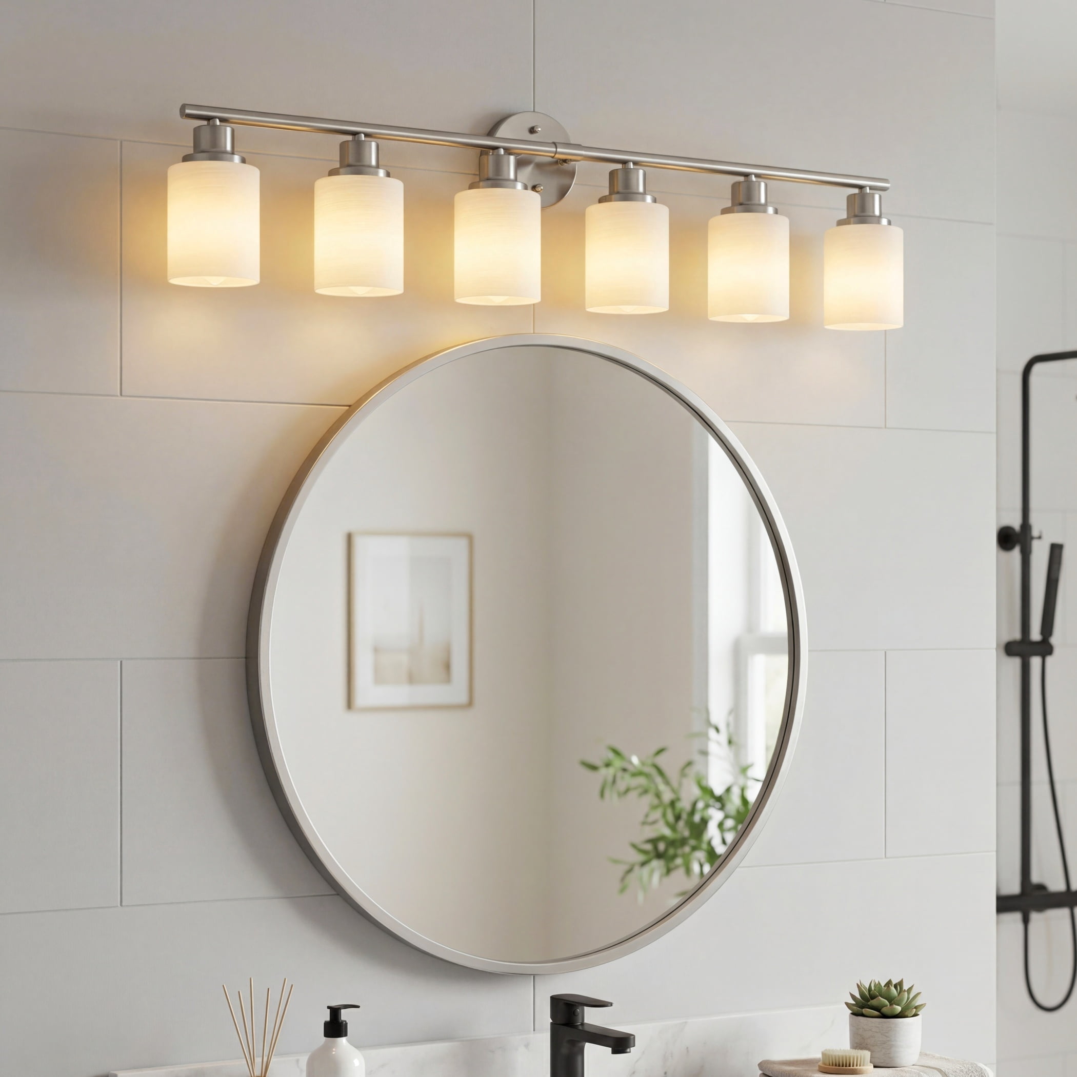 39" Modern 6-Light Brushed Nickel Vanity Light - Frosted Glass Wall Sconce for Bathroom & Hallway (Bulbs Not Included)